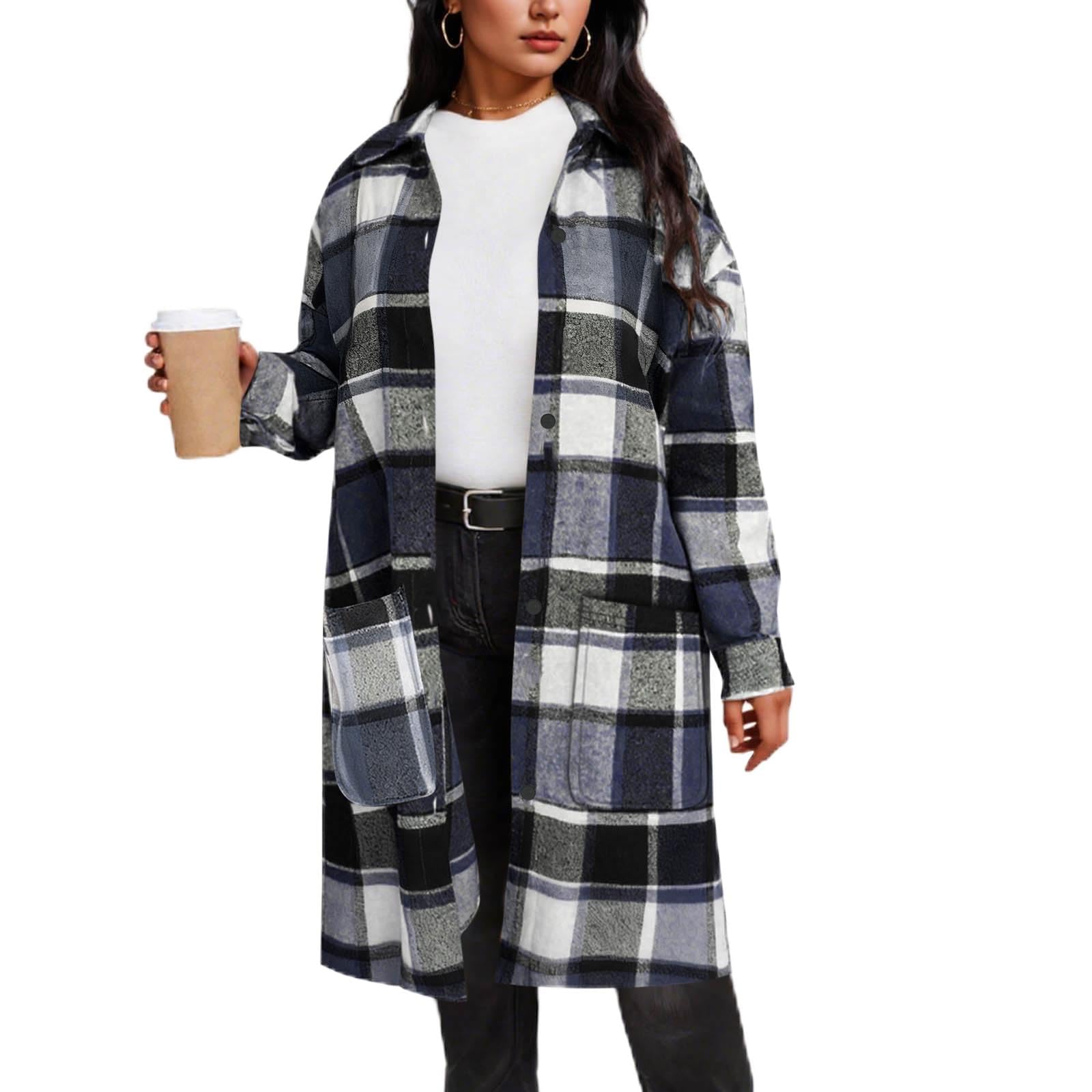 Women's Plaid Wool Coat Long Winter Lapel Peacoat Button Up Warm Overcoats Trendy Comfy Outerwear Casual Jackets